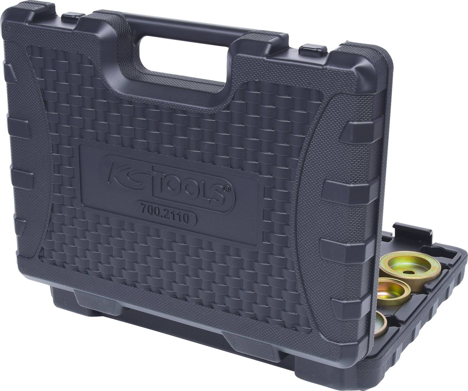 Black tool case with handle, slightly open. Metal parts are visible inside. The case is marked with the 'KS Tools' lettering.