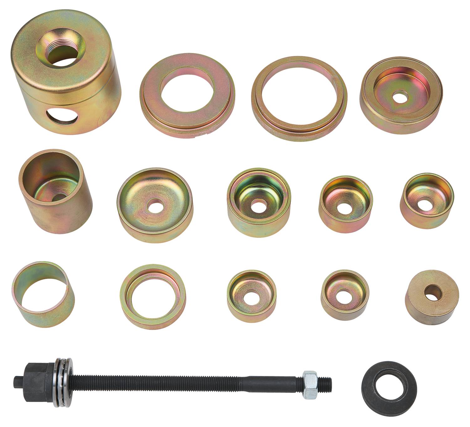 Versatile metal bearing puller set with 14 different rings and a threaded rod, suitable for automotive repairs.