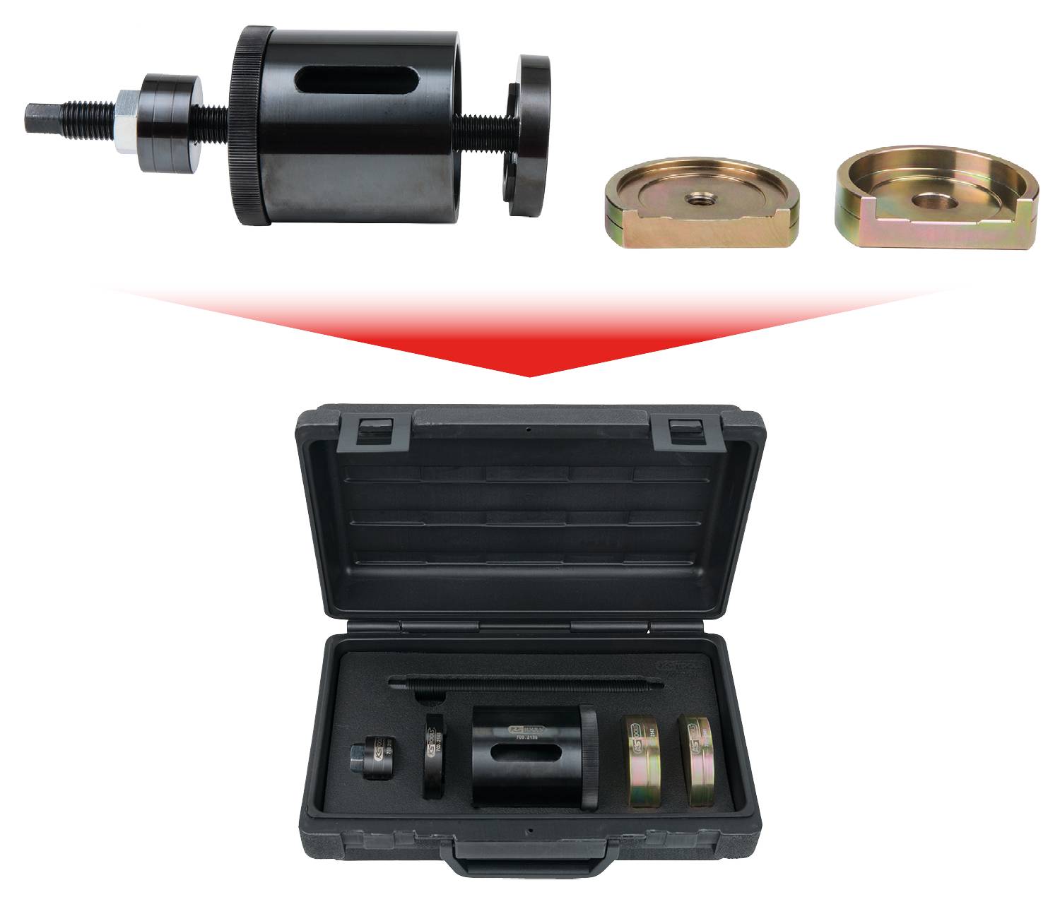 'Tool kit for storage assembly, comprising a black spindle screw tool and two round metal components in a black case.'