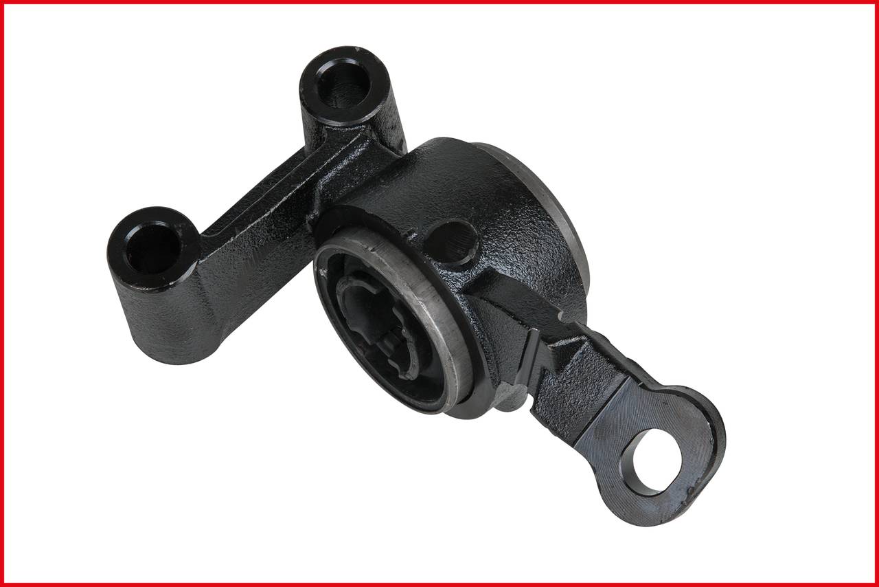 A black metal component with two holes at one end and a rounded section in the middle, potentially part of a mechanical system.