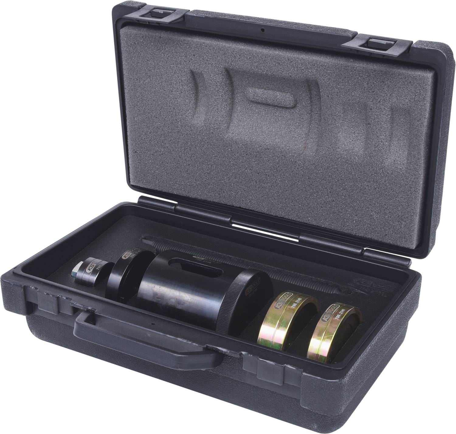 Opened black suitcase with several metal tools and cylinders securely placed in moulded inserts.