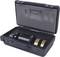 Opened black suitcase with several metal tools and cylinders securely placed in moulded inserts.