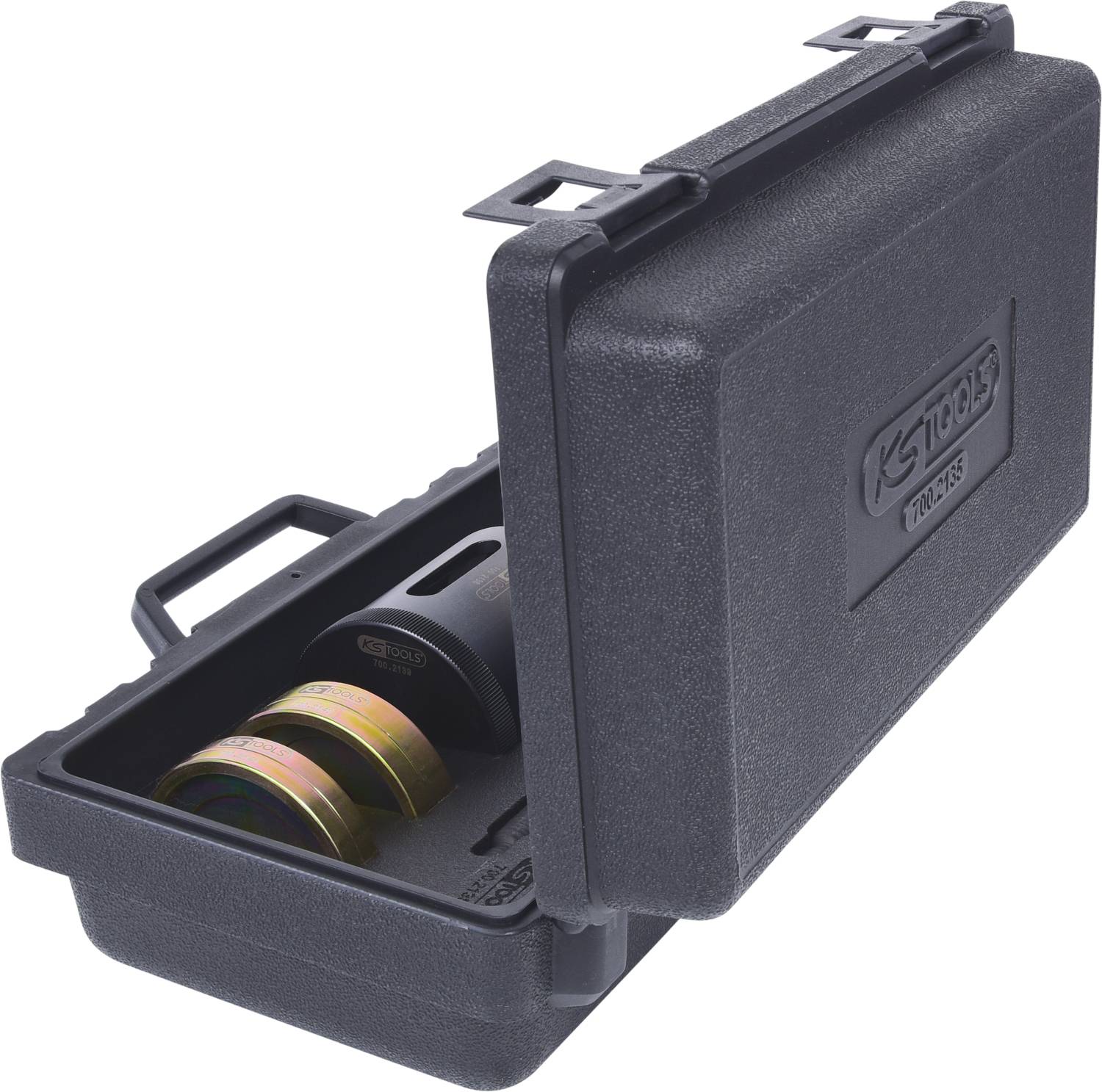 Black plastic tool case with handle, containing tool inserts and 'KS Tools' label on the front.