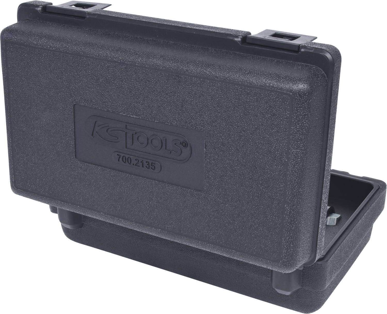 'Tool case with logo, partially open. Robust black casing, suitable for tool storage and transportation.'