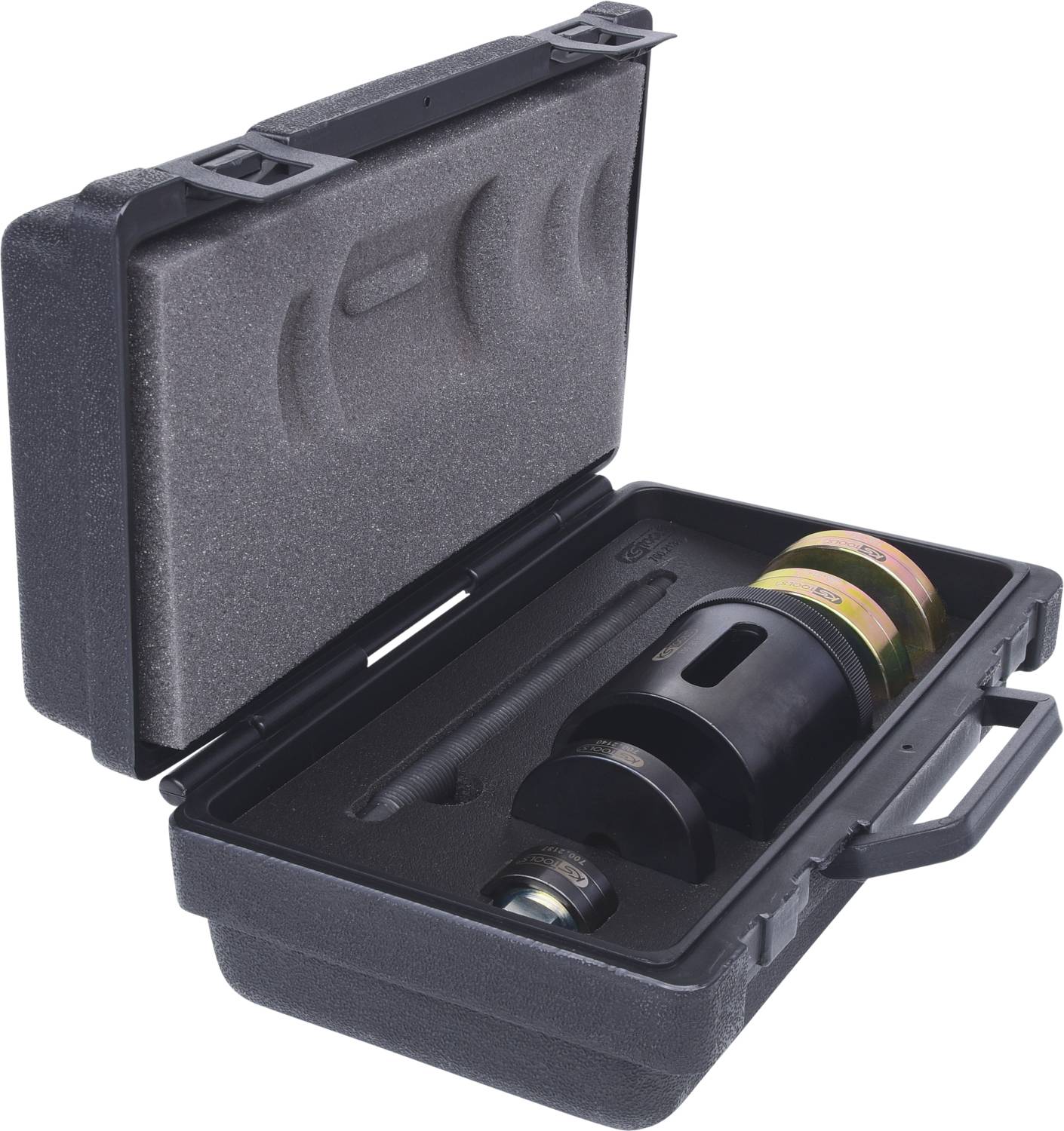 An open black toolbox with a cylindrical metal device inside. The device has coloured markings.