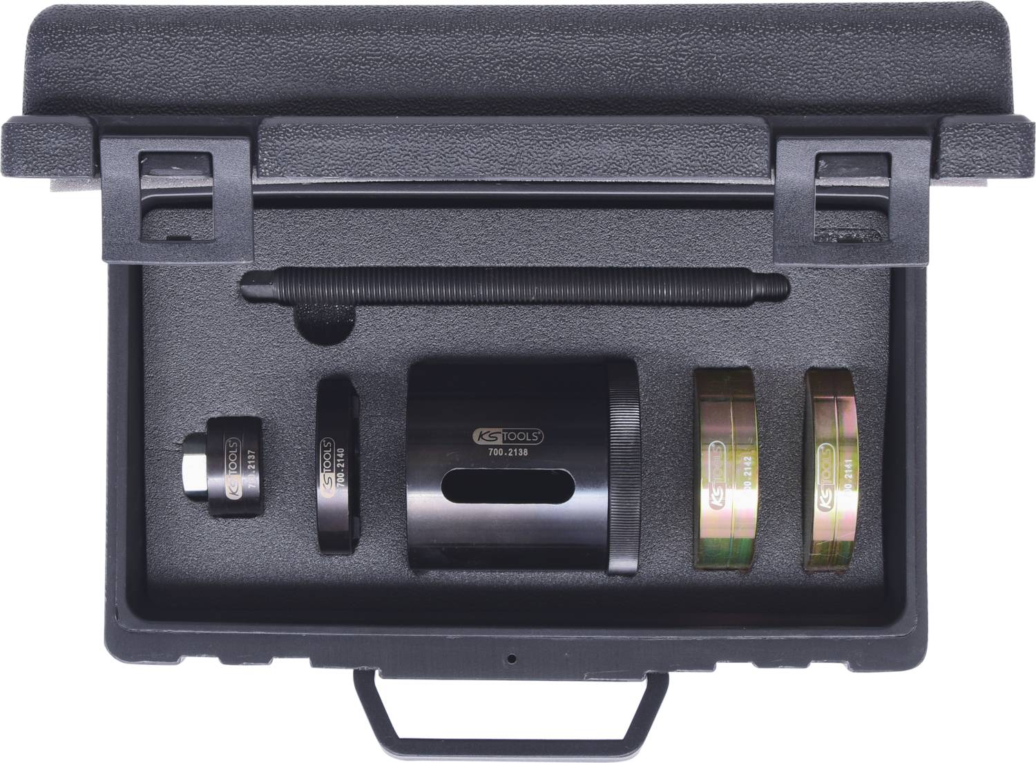 A black toolbox displays several metal tools and accessories neatly arranged in a custom-fitted foam insert.