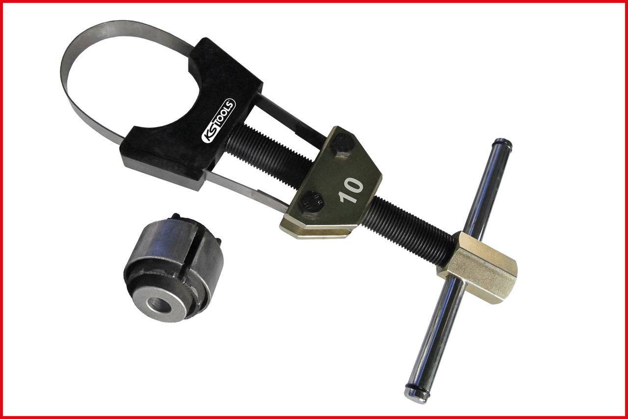 A brake calliper piston reset set with two parts: a tool for resetting brake pistons and an adapter for various piston sizes.