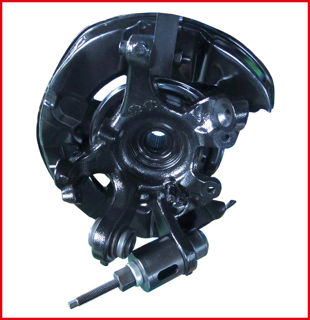 Front view of a black-painted automotive part, likely a wheel hub or suspension component. Contains multiple mounting points.