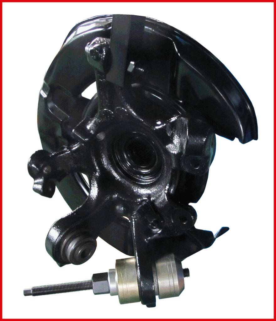 A black automotive component with a mechanical structure and a silver bolt is centrally depicted in the image.