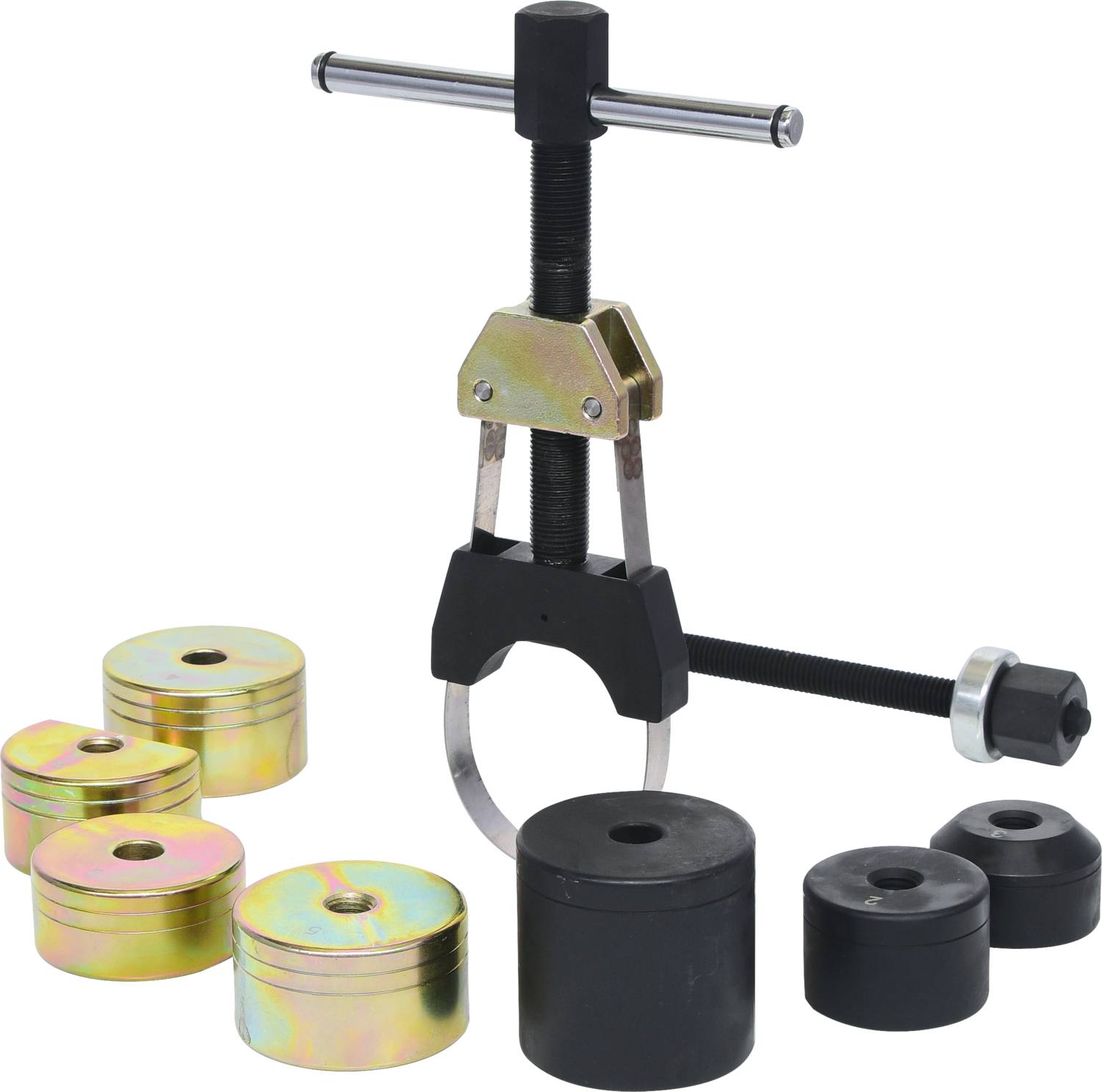 Tool set with puller and various metal and plastic attachments, suitable for mechanical work and repairs.