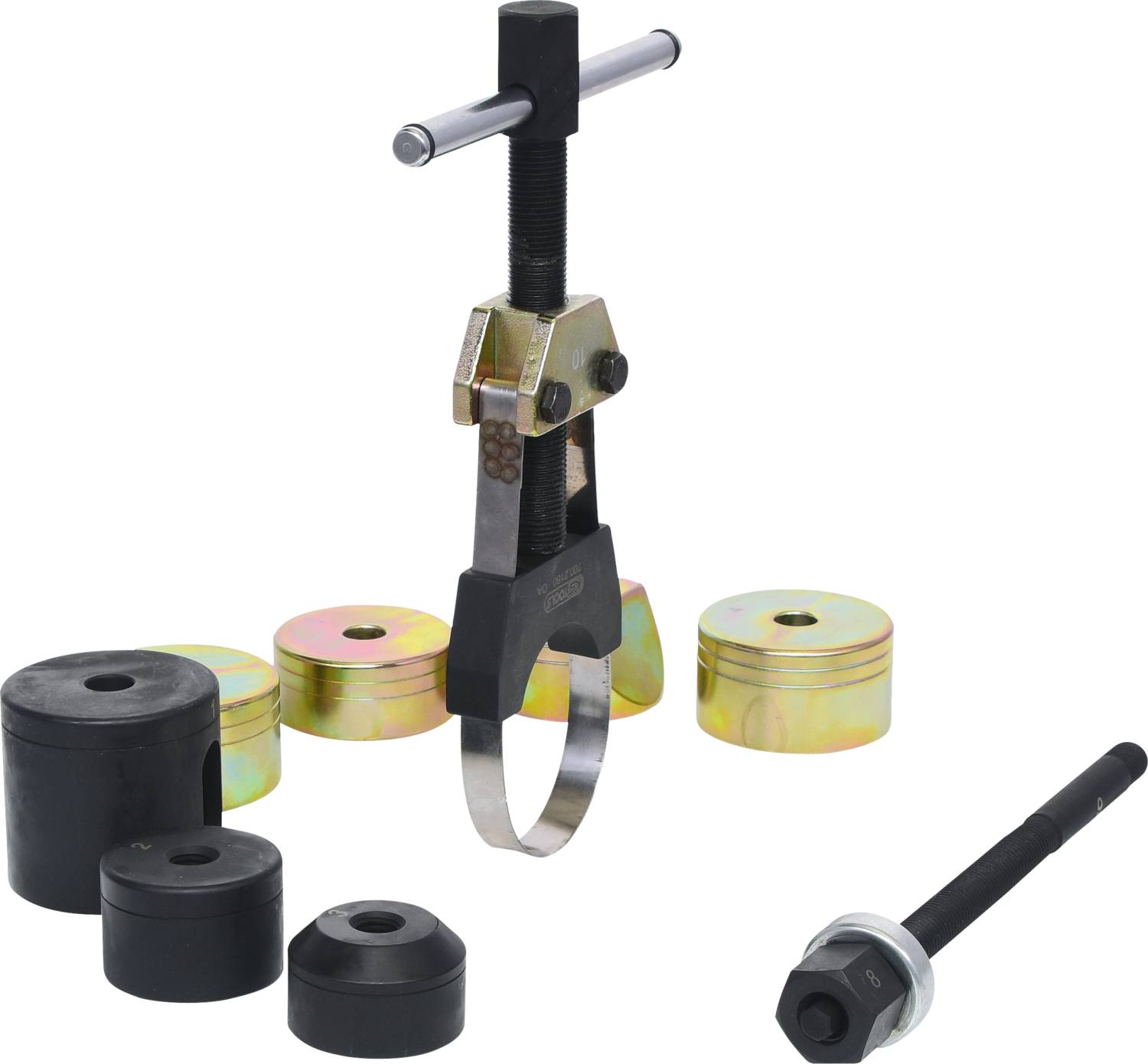 'Bearing Puller Set for Dismantling Wheel Bearings. Includes puller, pressure piece and adapters in various sizes. Suitable for vehicle repairs.'