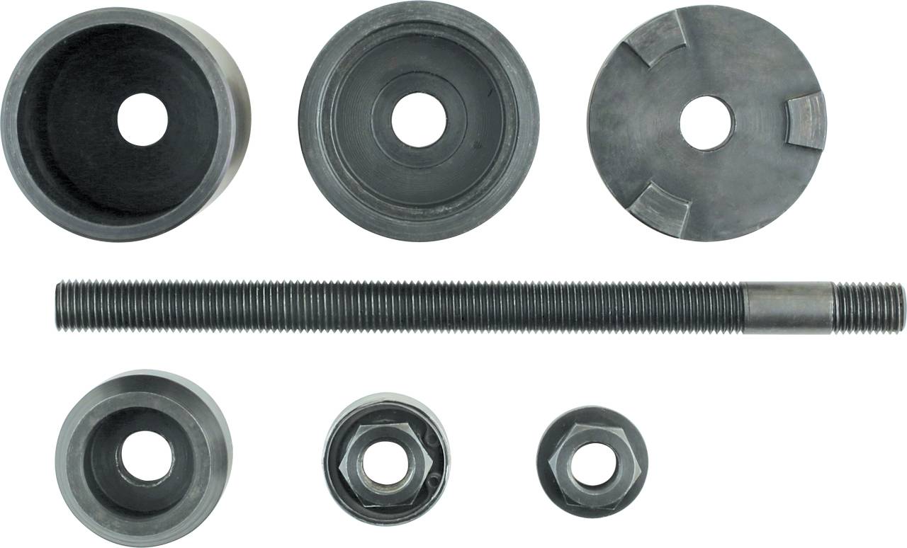 A set of mechanical tools, comprising various metal components: a long threaded rod and several adapters and washers.