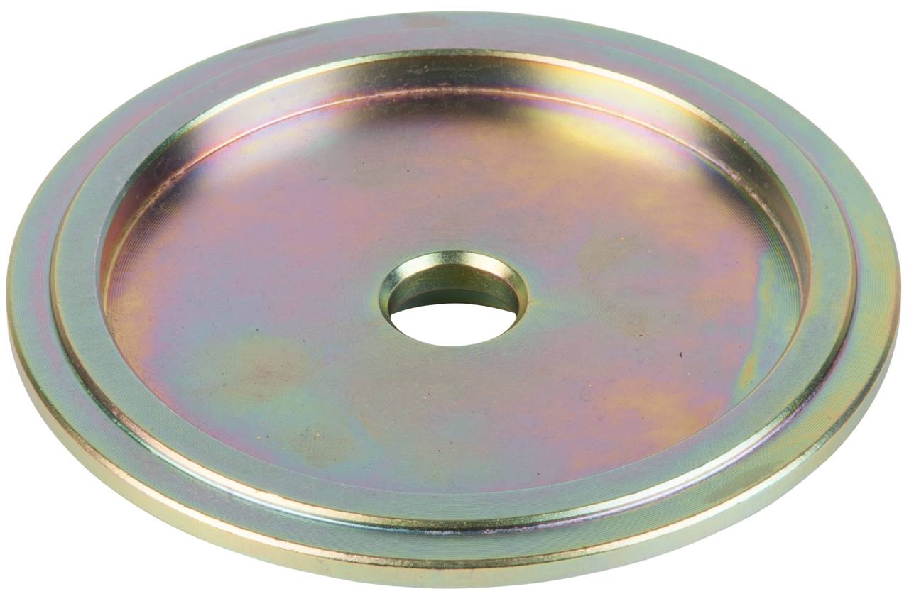 Metal disc with a central hole and iridescent surface.