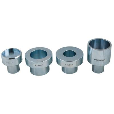Four cylindrical metal adapters in different sizes, marked with diameter and height specifications.