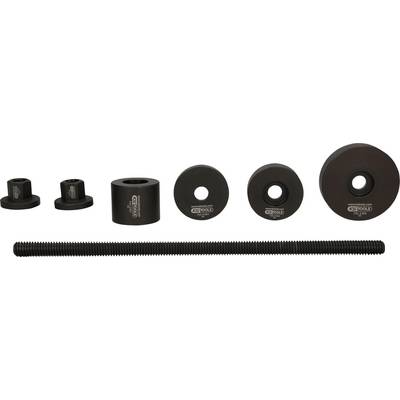 A set of automotive tools consisting of various round and cylindrical parts, all in black, on a white background.
