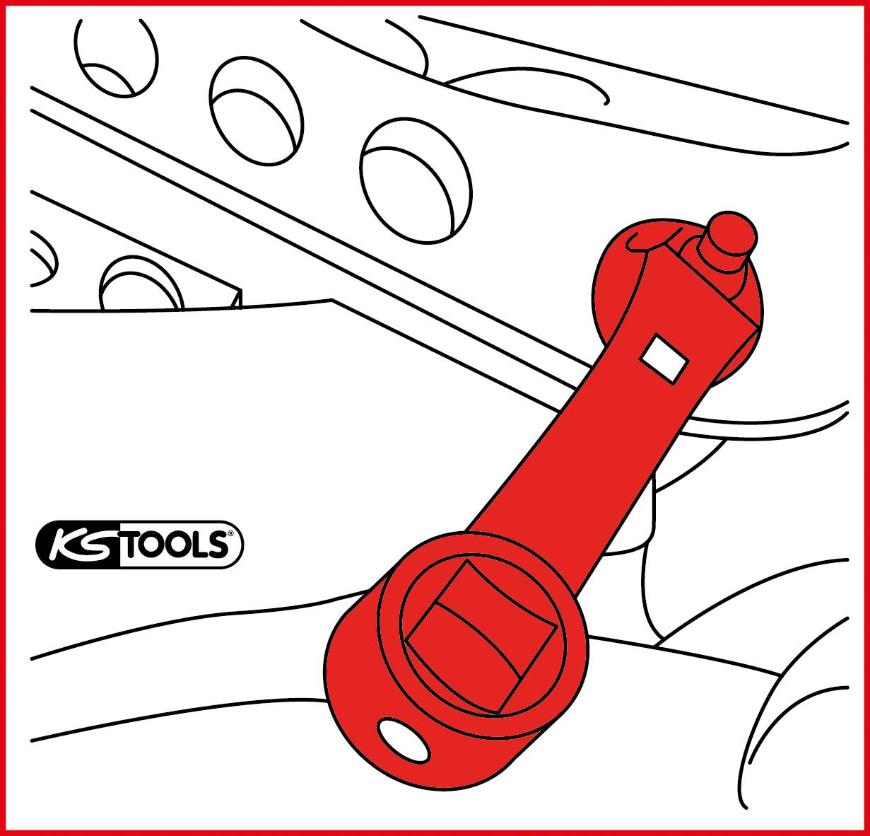 Red spanner from KS Tools on a technical background with multiple screws. Tool in close-up.