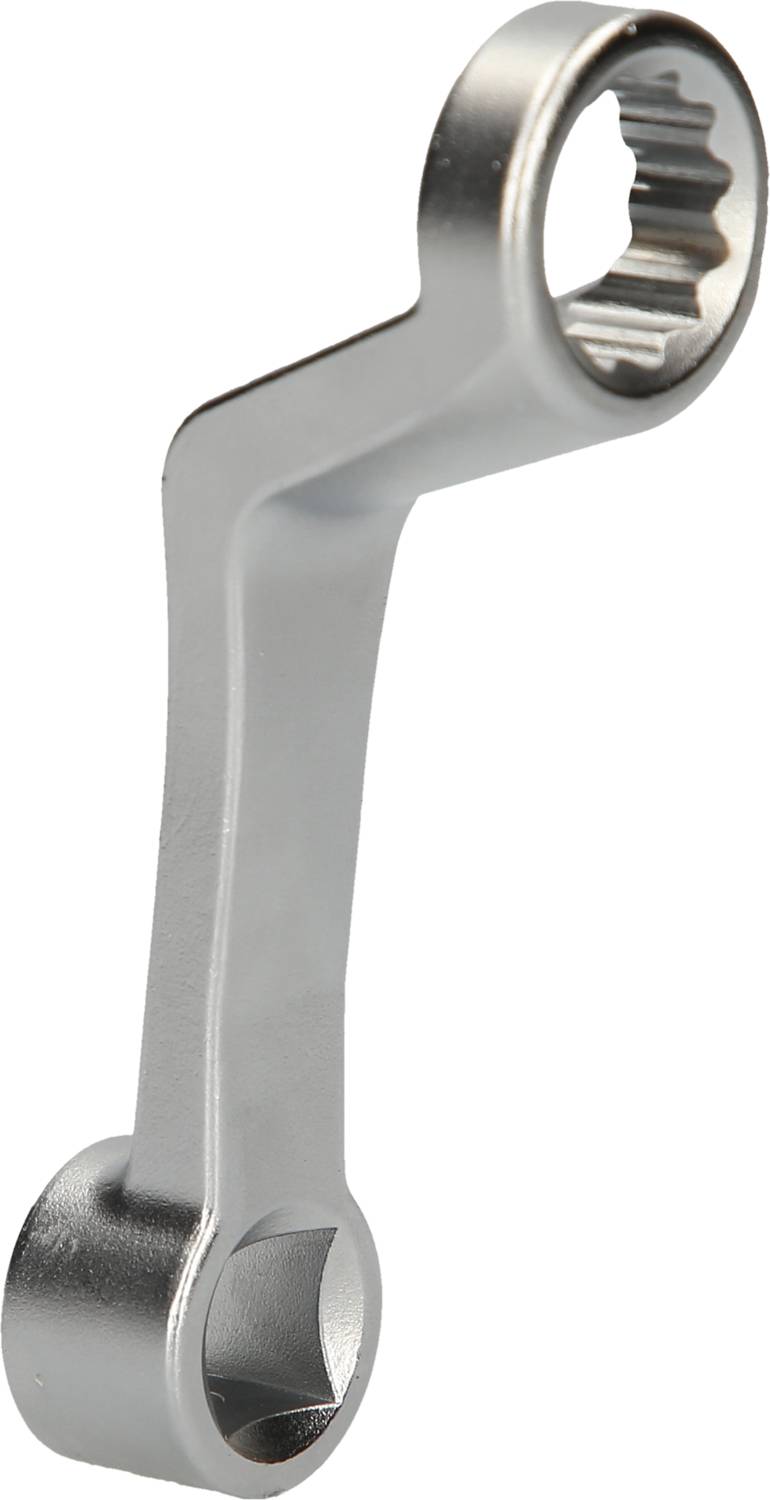 A silver, curved spanner with two differently sized, round ends.