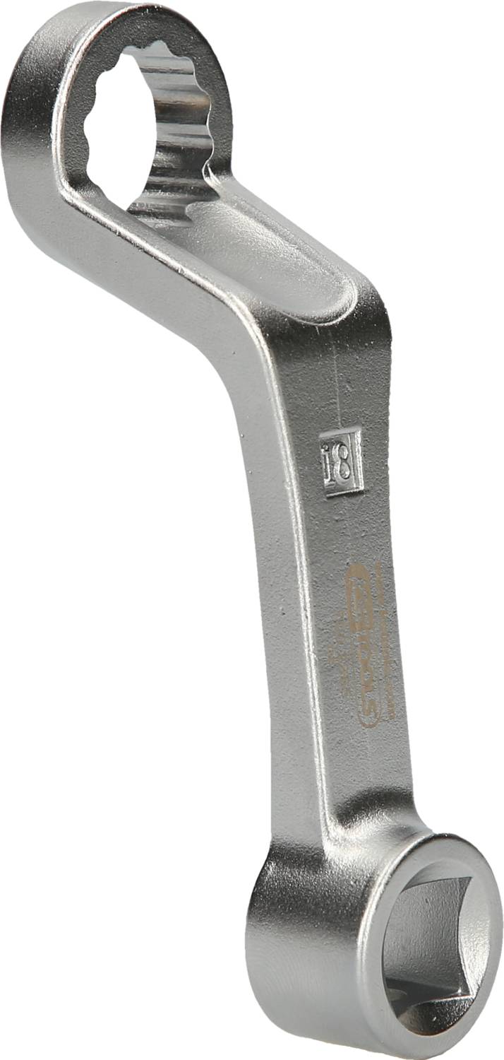 Silver ring spanner with two different jaw sizes, one at each end, slightly curved for better access to hard-to-reach areas.