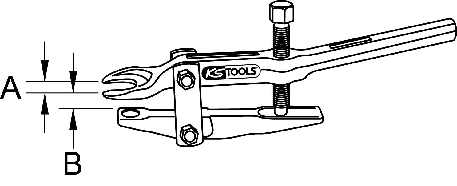 Two-armed puller by KS Tools, screw mechanism on top, two toothed grippers at the ends. 'A' and 'B' markings for spacing measurements.