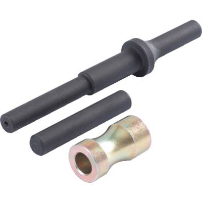 Three tool components: two black, cylindrical metal pins and a gold-coated sleeve with a shaft.