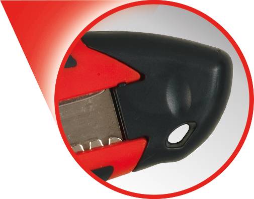 Close-up of a red carpet knife with a black handle and silver blade.