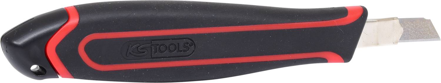 Black ergonomic handle with red accents, to which a silver, flat metal blade is attached.