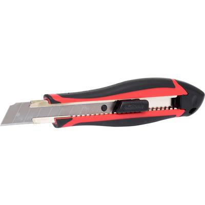 A red and black retractable craft knife, suitable for precise cutting tasks.