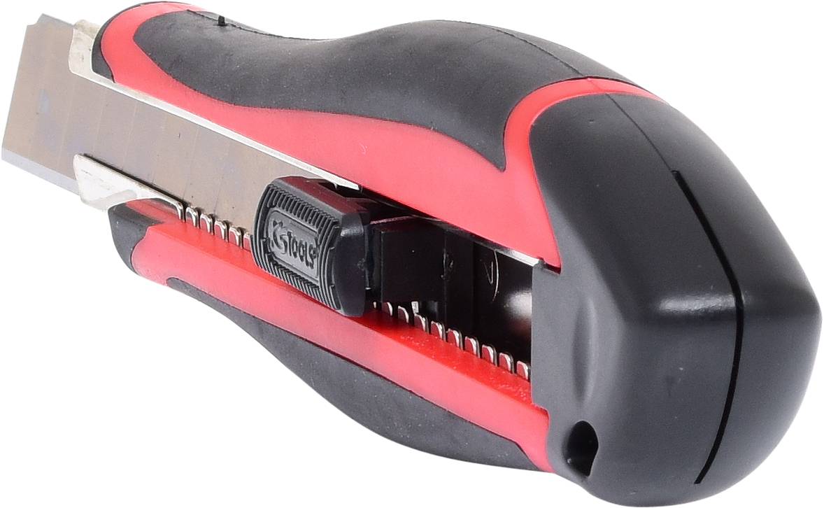 A red and black carpet knife with a blade.