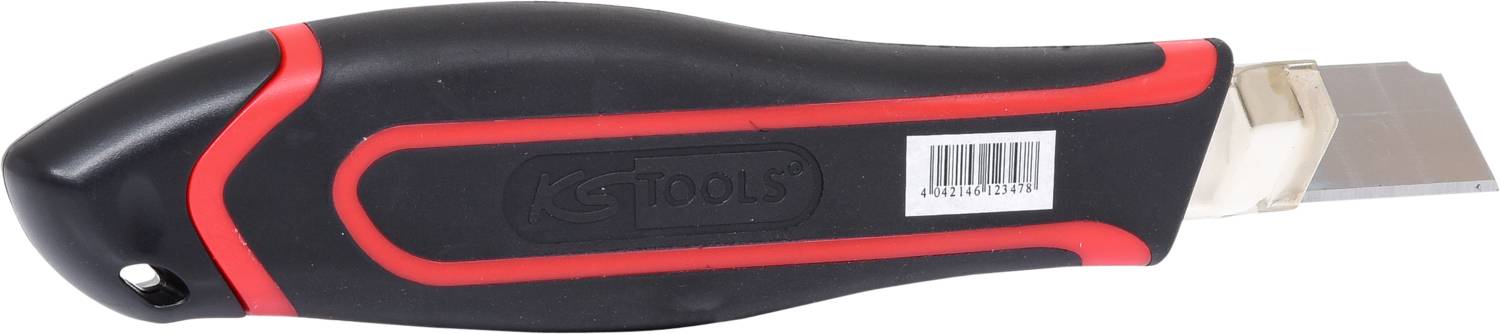 Black utility knife with a red stripe and a protruding blade. Suitable for cutting materials such as paper or carpet.