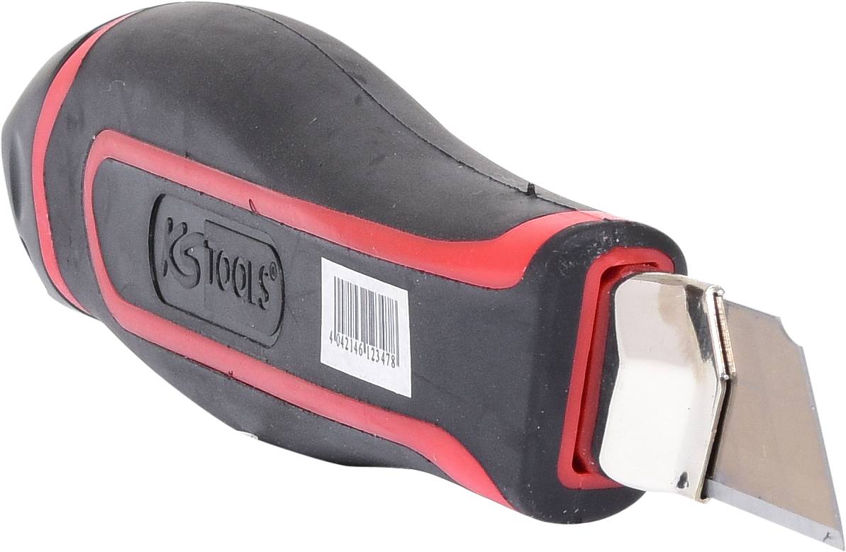 A Stanley knife with a black handle and red stripe. The blade is extended. A barcode is visible on the handle.