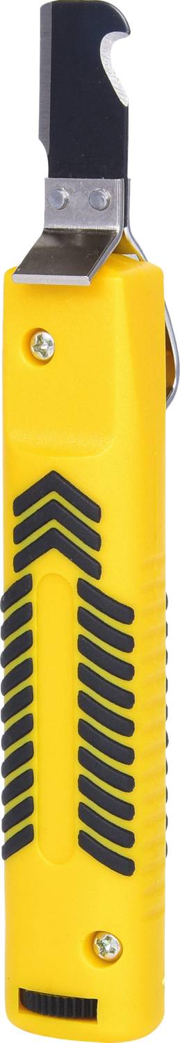 Yellow safety knife with black grip pattern and rounded blade.