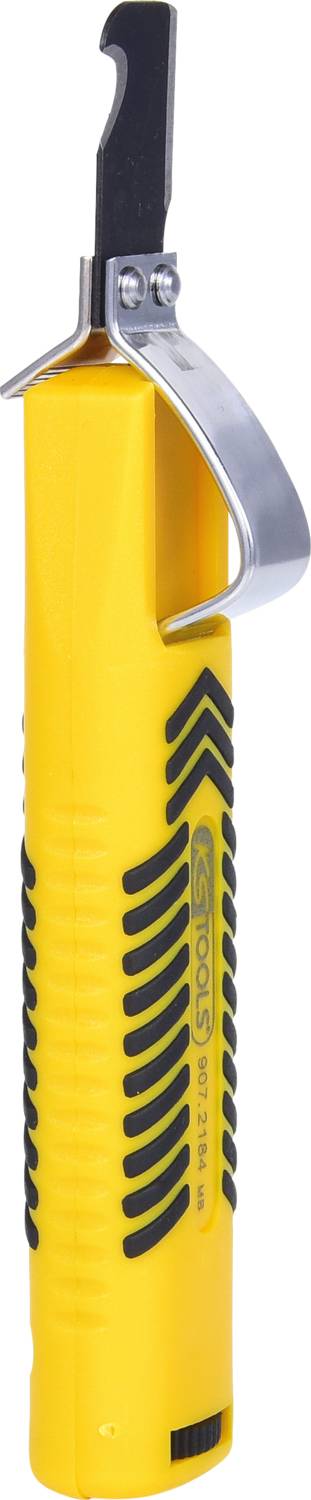 Yellow hand tool with a black rubber grip and metal hook at the top, suitable for craftwork or industrial applications.