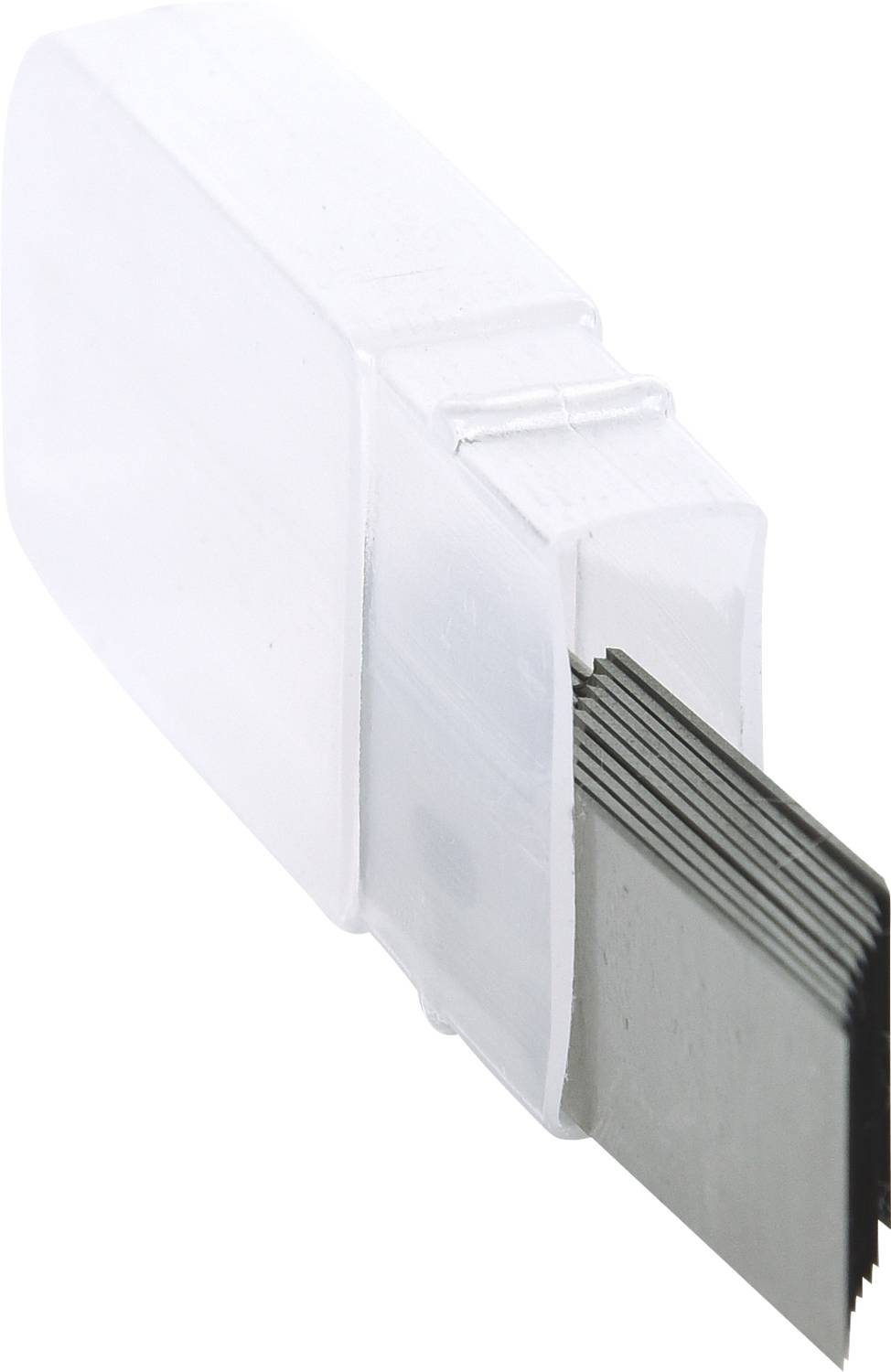 A transparent plastic case containing multiple replacement blades for tools, some partially extracted and visible.