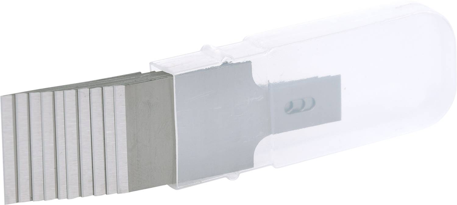 Several grey snap-off blades, organised in a clear plastic case for secure storage.