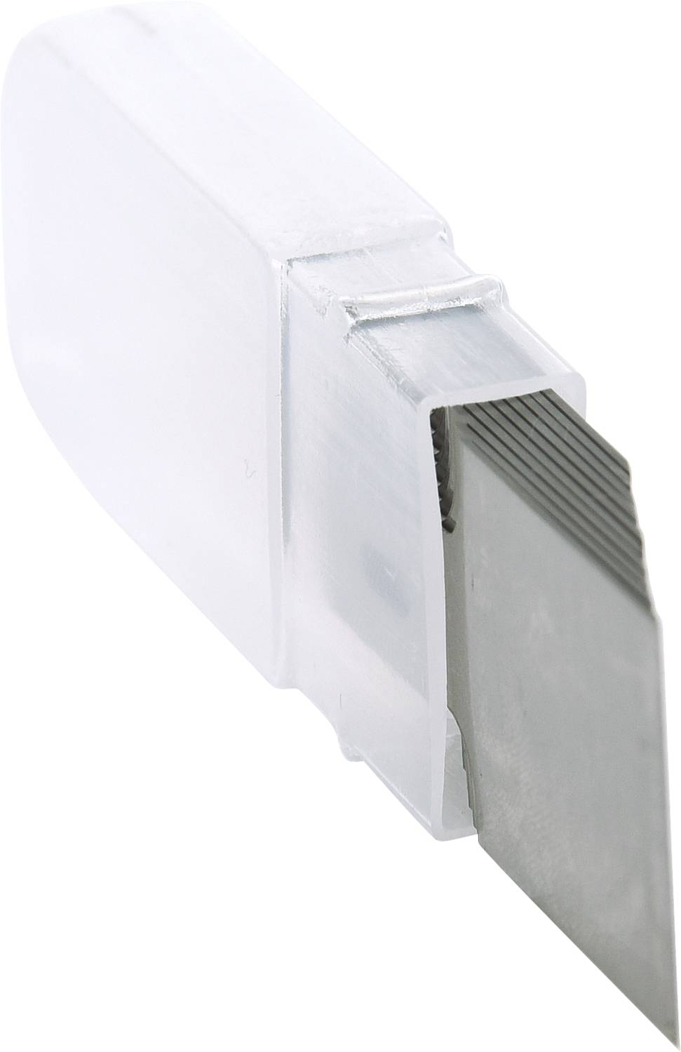 Replacement blades in a transparent plastic packaging, which is partially opened and showing the metal blades.