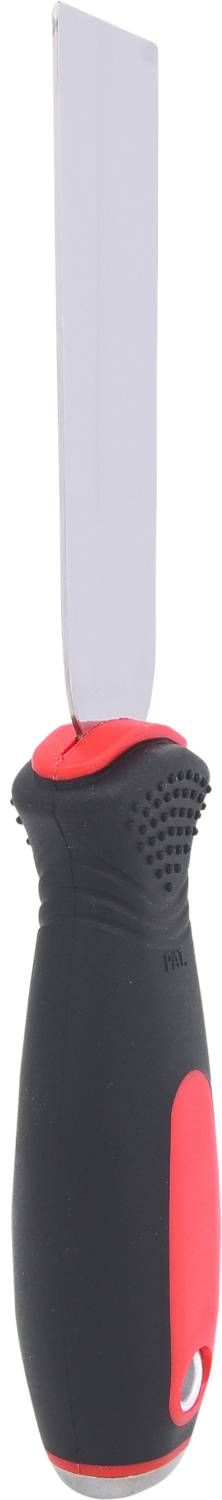 A knife with a black and red handle, standing upright.