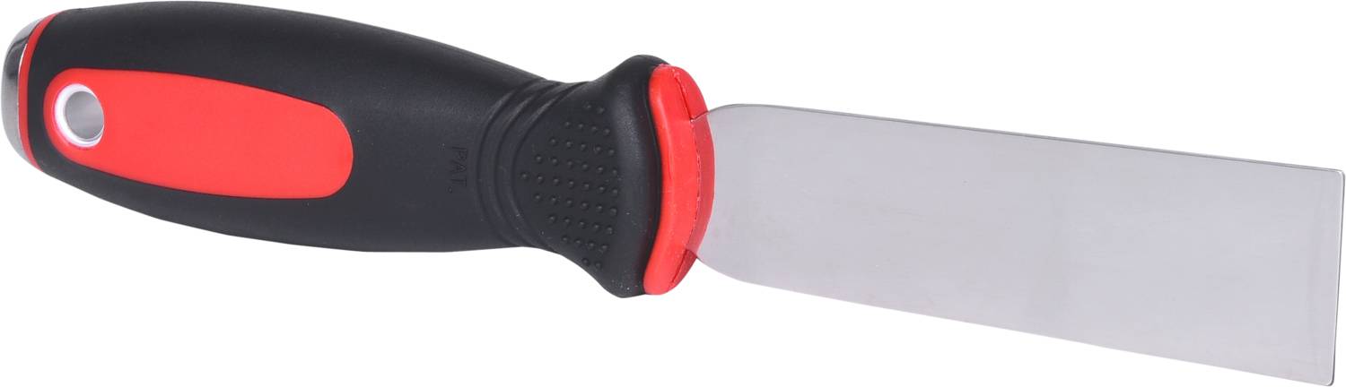 A decorator's putty knife with a red and black handle and a wide metal blade.