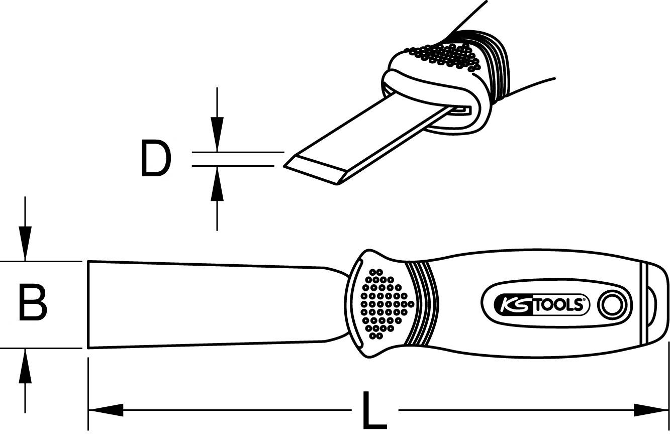 Drawing of a hand scraper with rubberised handle and blade dimensions. Side and front view of the blade with measurements B, D and L.