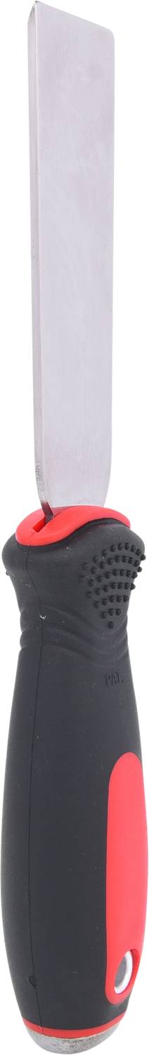 Metal putty knife with a black handle and red accents, used for smoothing and removing materials from surfaces.