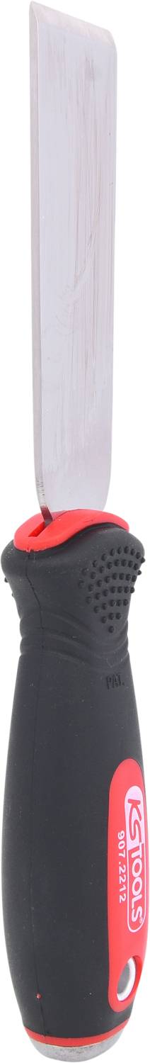 A red and black tool with a long, flat metal blade and a rubberised handle.