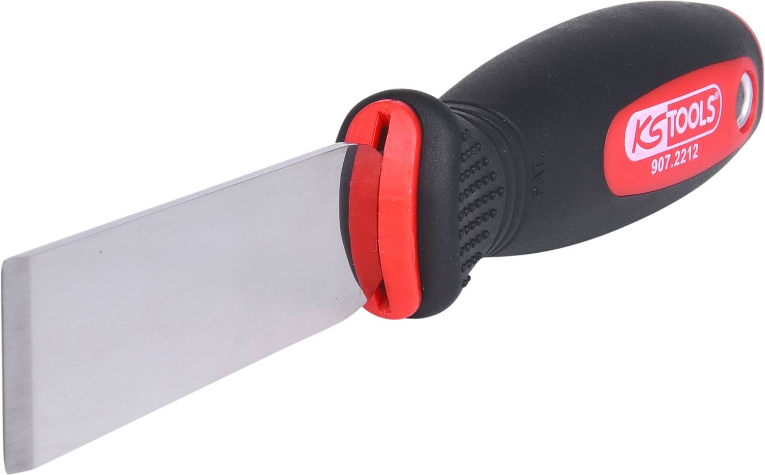 Metal scraper with ergonomic, black handle and red accent.
