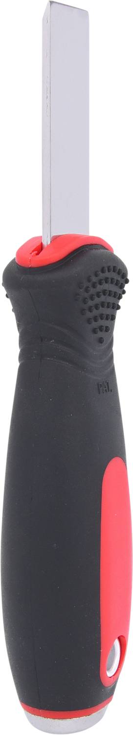 A screwdriver with a black handle and red accent is positioned vertically. The handle has an ergonomic shape with a non-slip profile.