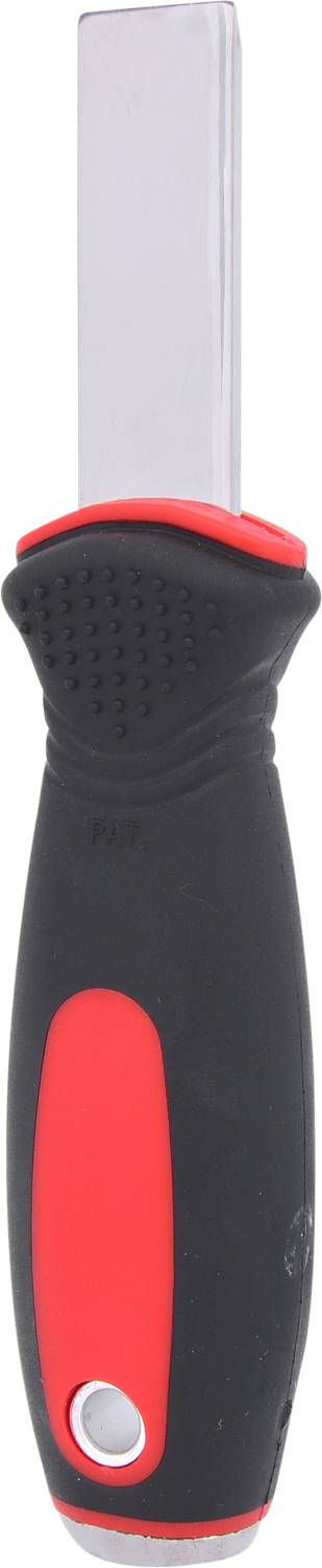 Scraper with a black handle and red accents, suitable for removing dirt or residues from smooth surfaces.