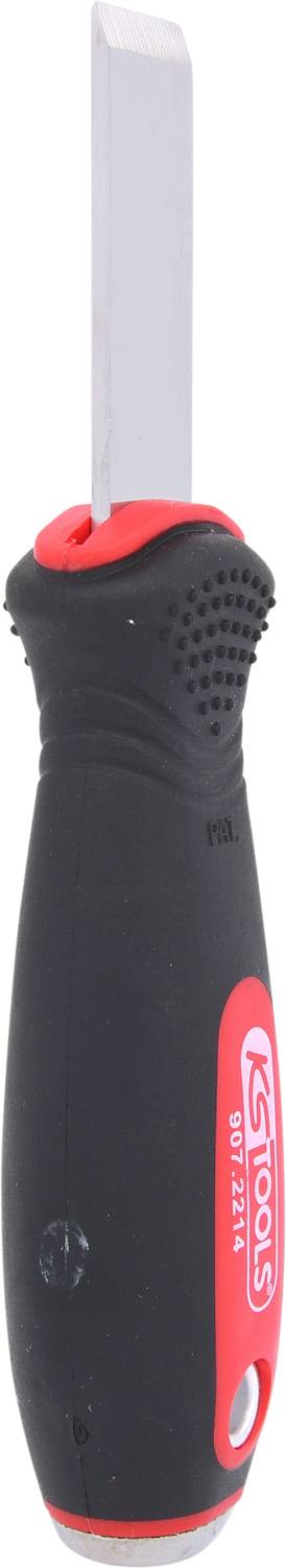 Black screwdriver with red handle and silver flat blade.