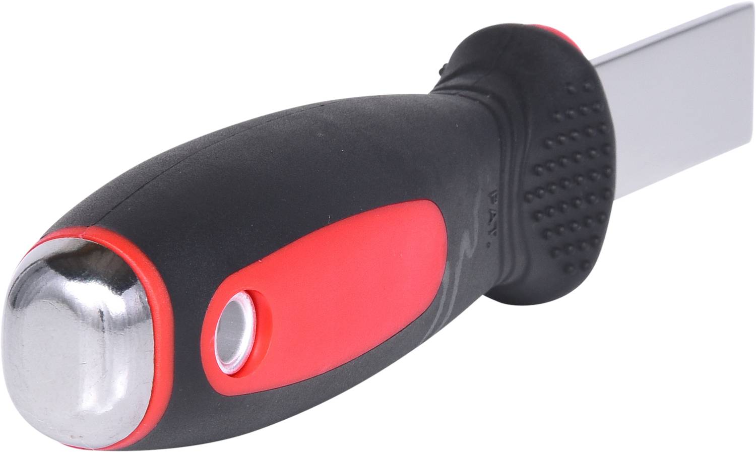 A black and red plastic-handled screwdriver lies on its side, with a silver metal tip visible.