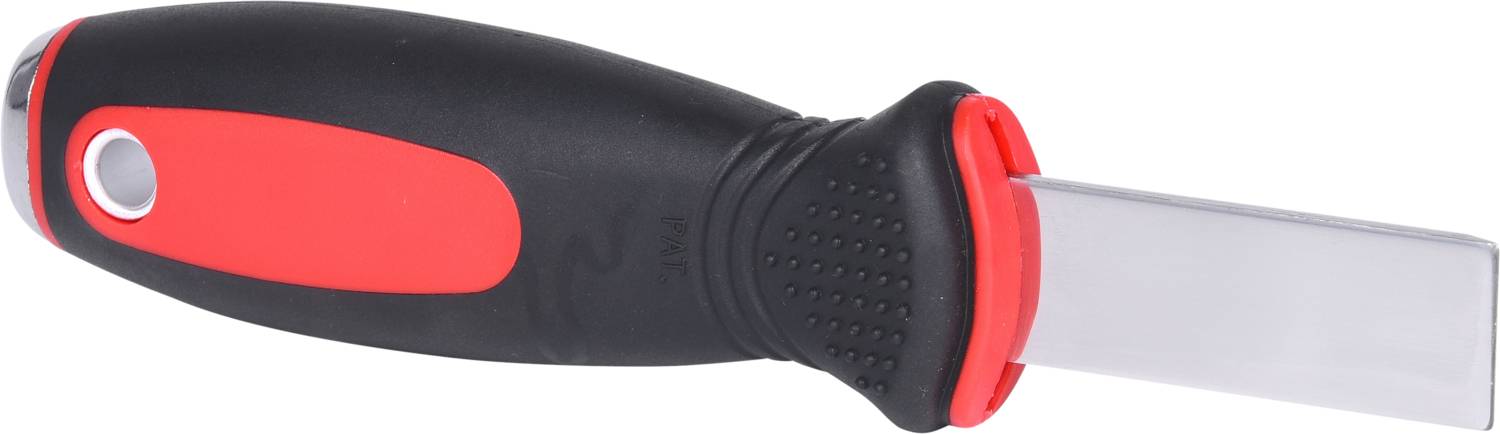 A black and red handle with a silver, flat metal blade. Possibly a tool for scraping work.