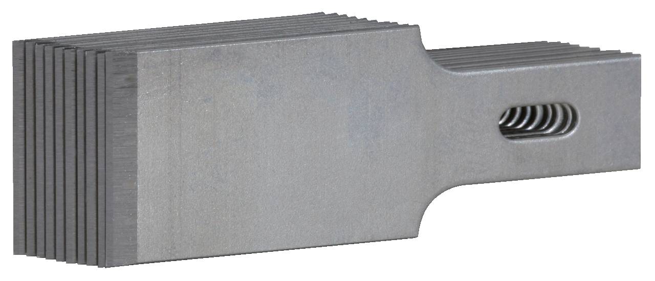 Metal sample stack with rectangular shape and lateral slot, suitable for tensile tests.