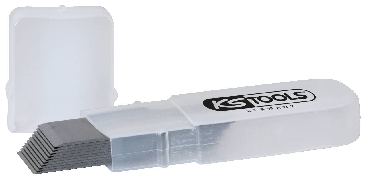 Transparent plastic box with stacked metal blades, marked with 'KS Tools Germany'. Lid propped open at the back.