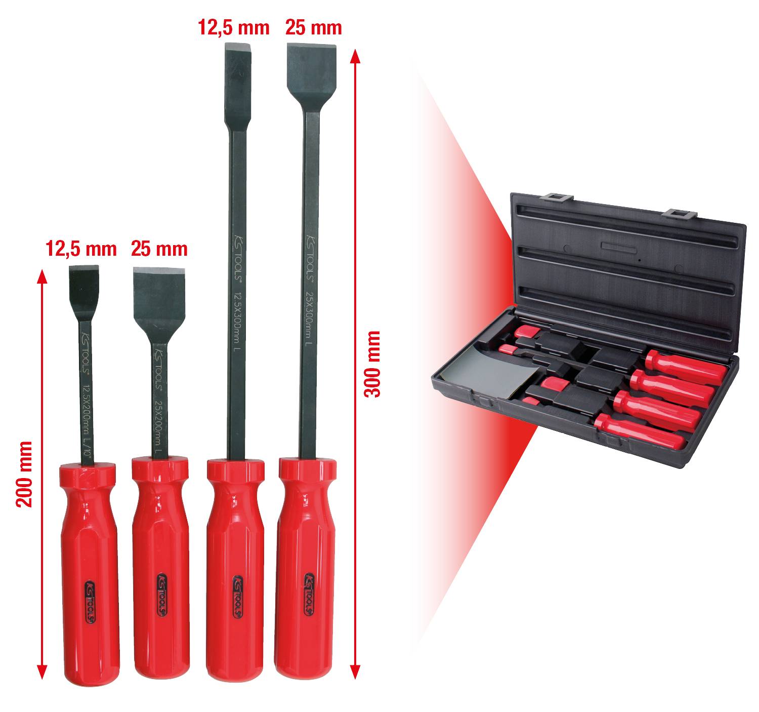'Three robust chisels with red handles and varying sizes from 200 mm to 300 mm in the set. Including transport case.'