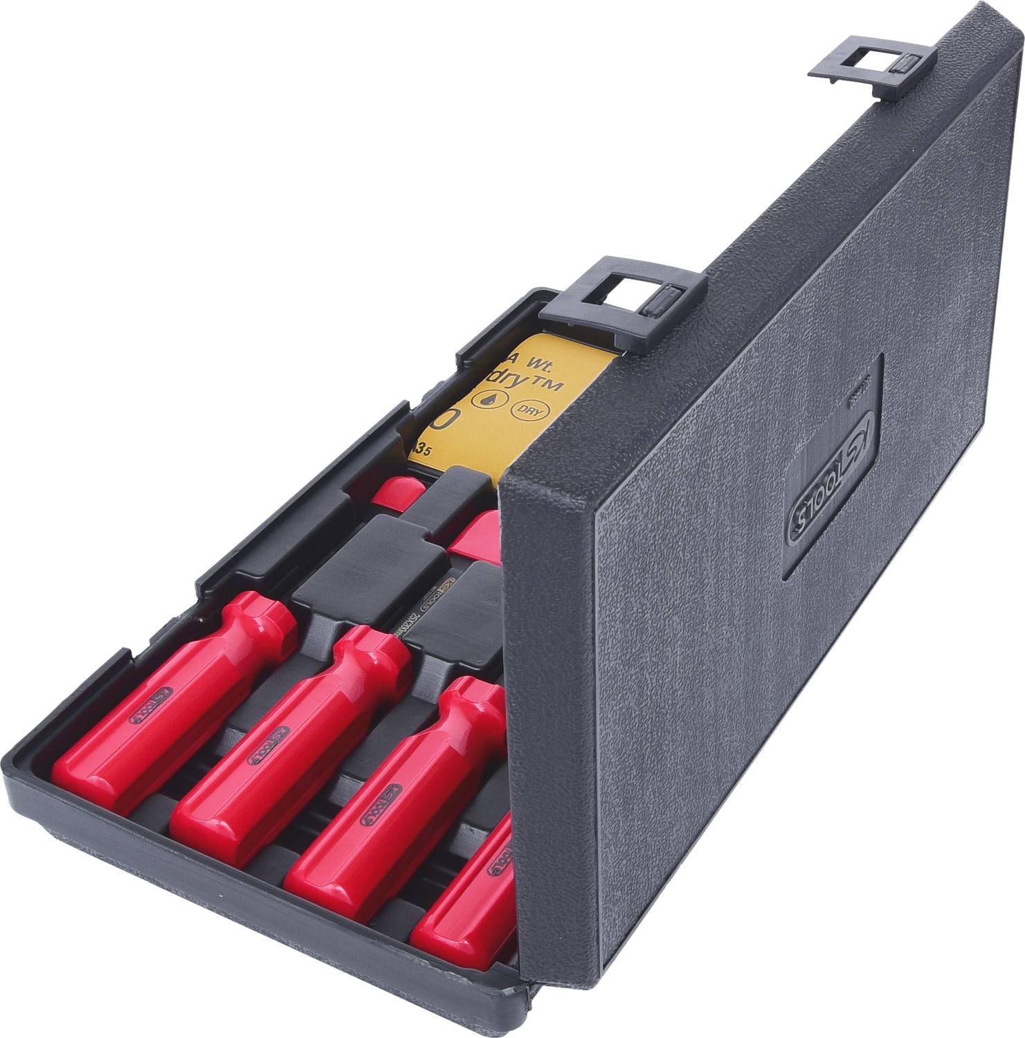 An open case with four red and black screwdrivers, neatly arranged. A brand logo is located on the inner side of the case.